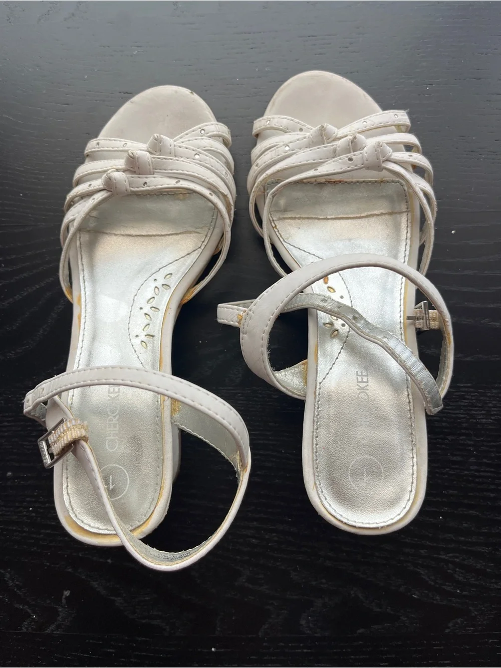 Cherokee White Faux Leather Strappy Block Heel Sandals Size 1 Rhinestone Girls